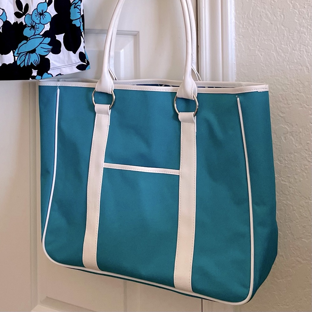 Large Turquoise Canvas and White Leather Tote Bag NWOT